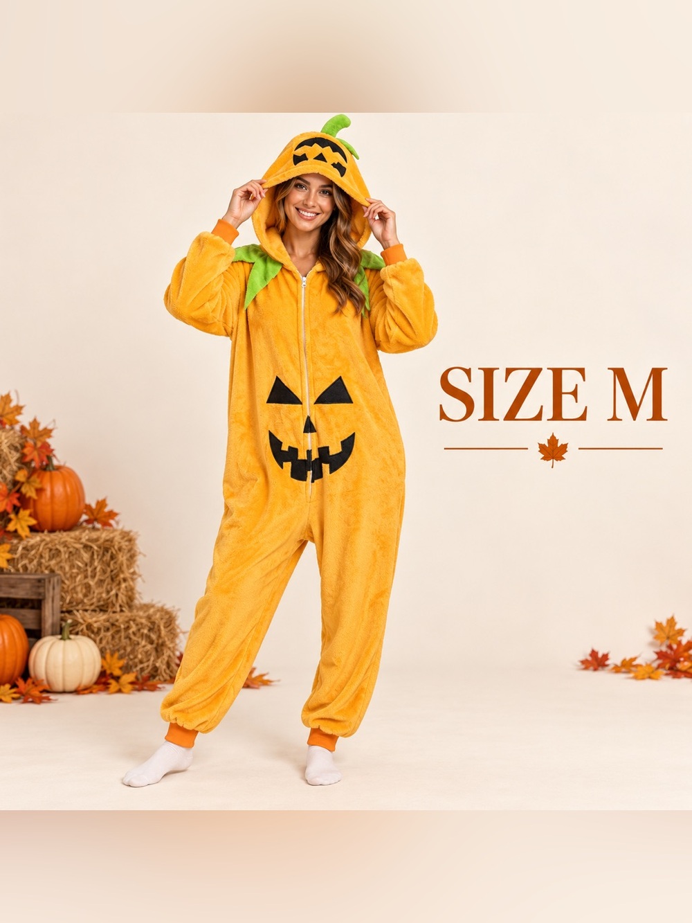 Adult Pumpkin Jack-O’-Lantern Plush Hooded Halloween Onesie Costume Size M